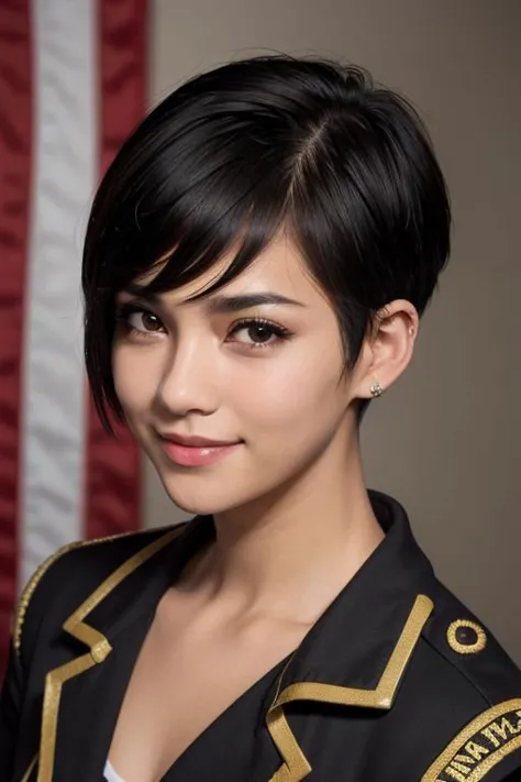 a woman with a black jacket and gold trim posing for a picture