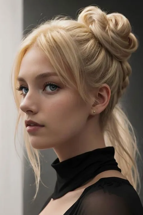 an eye contact of a blond with bun hair and dark theme