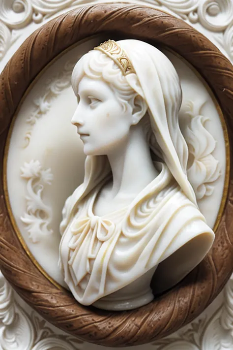 (best quality, masterpiece, detailed, 8k)
breathtaking ,RAW, realistic,
documentary photo of oval (ivory cameo brooch pin:1.3), (ivory carving:1.1), female profile, gold filigree, (wearing hood:1.2), pale colorless skin, colorless ears, colorless eyes, pentagram, high collar, gothic fashion, (carved tentacle background:1.3), exquisitely detailed, extreme close up, flat colors,,
(masterpiece, award-winning, professional, HDR)