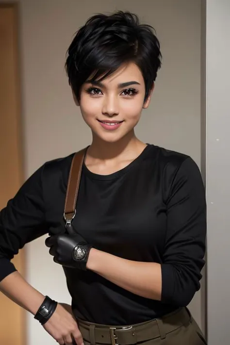 a close up of a woman with a black shirt and a brown bag