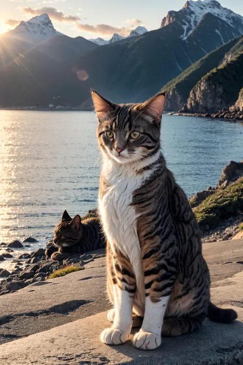 eine Katze, kurzes Fell, dynamische Haltung, glitzernd,
draußen, bergiger Horizont, Sonnenaufgang, Ozean,
sich friedlich und glücklich fühlen, Sanftes Licht