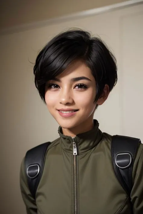 spiky bald hairstyle, short hair, mexican skin, gloves, uniform military, 1girl ,dark black hair, ((hair cut super short,)), soft Brown eyes, smile lips,