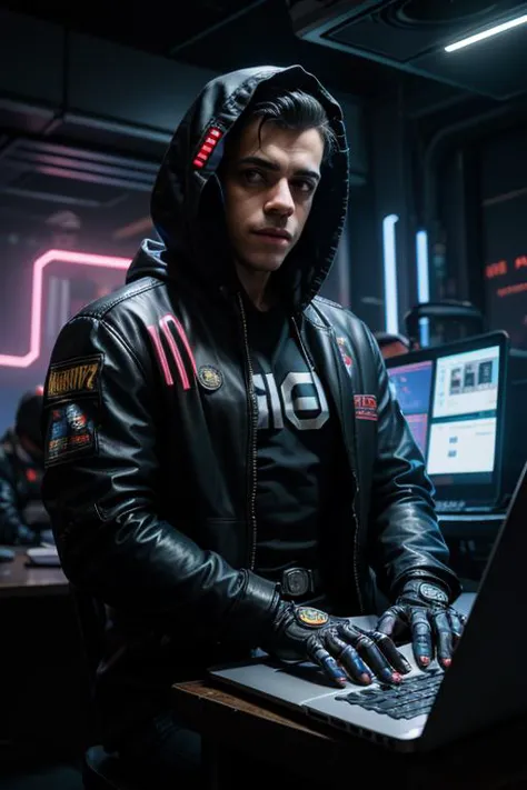 rami_Malek, cyberpunk:1.4, robotique hands, mains cyberpunk, armure cyberpunk, tenue cyberpunk, mécanique, robotique, veste cyberpunk, sweatshirt à capuche, capuche, thème cyberpunk, Thème sombre, néon, fils, robotique arms, Ordinateur portable, Séance, en utilisant, Ordinateur portables, le piratage,