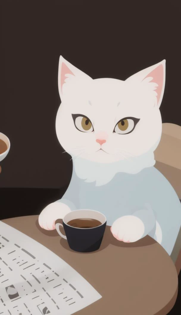 masterpiece, hd, 4k, distant shot, empty place on up wide, cute cat, cat sitting at the table on chair with cup of tea, cat with newspaper, soft style, non-line style, minimalism,  ChopioFuufuStyle, ScottPilgrim Style, non-humans