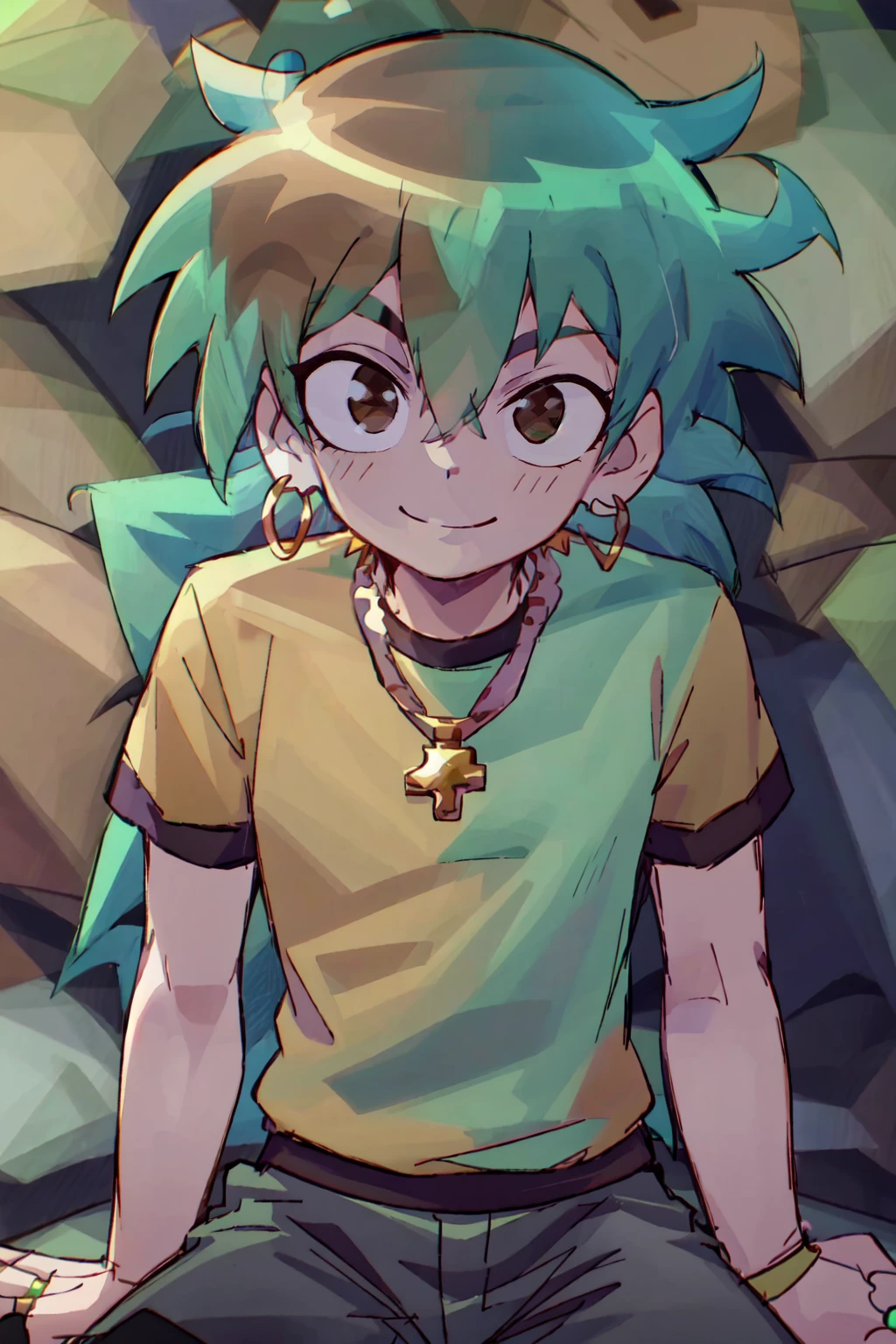 scottpilgrim style, 1boy, brown eyes, earrings, green hair, fluffy eyes, hair between eyes, jewelry, long hair, looking at viewer, male focus, necklace, pants, ring, shirt, sitting, smile, solo, 