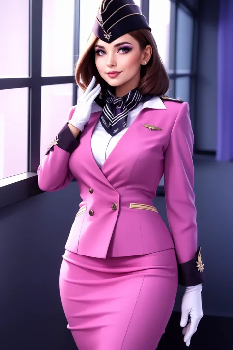 1girl, solo, ((purple theme)), beautiful adult woman, eyeliner, eyeshadow, makeup, iridescent lips ((brown hair))  best quality, high quality, high detail, 4k, 8k resolution,rim lighting <lora:Stewardess-64:0.75> st3w4rd3ss, uniform, white gloves, lapel, garrison cap, flight pin, name tag, pencil skirt, scarf, cuffs, large breasts, hourglass figure