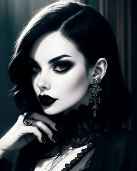 Gothic style beautiful adult mature woman, high quality, best quality, highres, high detail, film grain,bokeh,  <lora:Addon_v-90sGrungeMakeup:0.65> 90sgrung3, black lips, . Dark, mysterious, haunting, dramatic, ornate, detailed