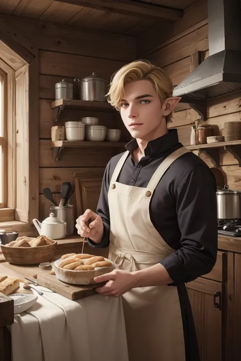 best quality, masterpiece, 1boy, adult (male:1.1) elf,  solo, yellow eyes, dark blonde layer cut, nordic, portrait, looking up, solo, (full body:0.6), detailed background, colorful (cottagecore theme:1.1), warm smile,  dark muted color clothing, dirty clothes, apron, (simple waist sash:0.5), rustic medieval bakery, medieval oven, bread, bags of flour,  flour, seeds,     (hills:0.7), (rural village:0.7), mystical lighting, ethereal atmosphere, dark shadows,  sinister,