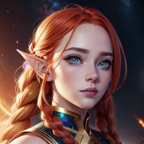 Highly detailed RAW color Photo, full body photo, (anime:1.10), masterpiece, 1girl, elven, floating, detailed eyes, long_eyelashes, proportional_eyes, big gold eyes, perfect face, pretty face, (red hair color:1.10), braided hair, cinematic film still of a galaxy exploding super nova, extremely detailed background, (lens flare:0.7), (bloom:0.7), lighting effects, raytracing