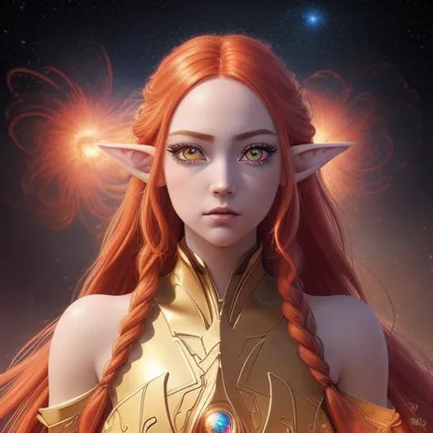 Highly detailed RAW color Photo, full body photo, (anime:1.10), masterpiece, 1girl, elven, lotus pose, floating, detailed eyes, long_eyelashes, proportional_eyes, big gold eyes, perfect face, pretty face, (red hair color:1.10), braided hair, cinematic film still of a galaxy exploding super nova, extremely detailed background, (lens flare:0.7), (bloom:0.7), lighting effects, raytracing