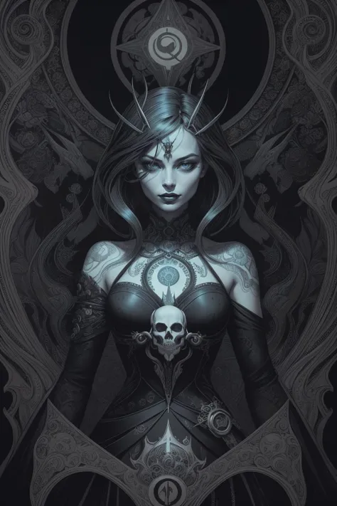 Margot Robbie, malice, skulls, tendrils, dark atmosphere, greyscale, detailed linework, cinematic, psychedelic, black paper with vibrant turqoise line work, ornate, symmetrical, tarot card, highly detailed, ink illustration, style of peter mohrbacher, golden ratio