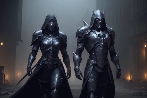 two dark elves in armor walking through a foggy city