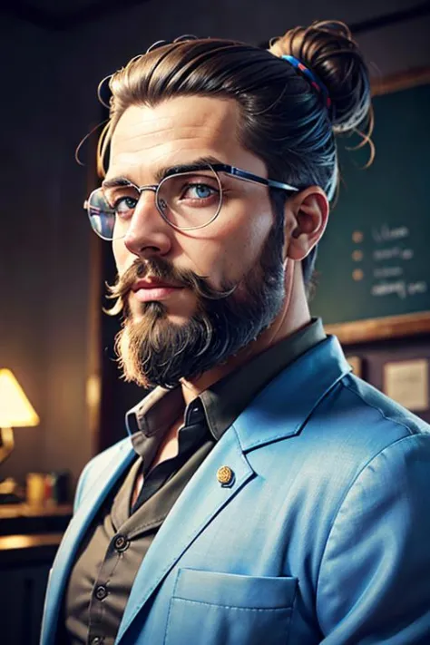 RAW photo, a Worm's Eye Angle photo,best quality, masterpiece, 1 man,  (male:1.1), beard, solo, turquoise eyes, gray fade with beard, portrait, looking at viewer, solo, (full body:0.6), detailed background, detailed face, (1940s dieselpunk theme:1.1), inventor, safety-goggles, shirt, science,  fantastical science lab in background, biology,   virology, surgical mask,  autoclave, dna, blackboard,   , flower on head, triple bun, Nikon Coolpix P500, tenebrism, (Dreamworks:1.05),hands on face, :d,busty,(high detailed skin:1.2), 8k uhd, dslr, soft lighting, high quality, film grain,Aftereffects,(30 y.o.)