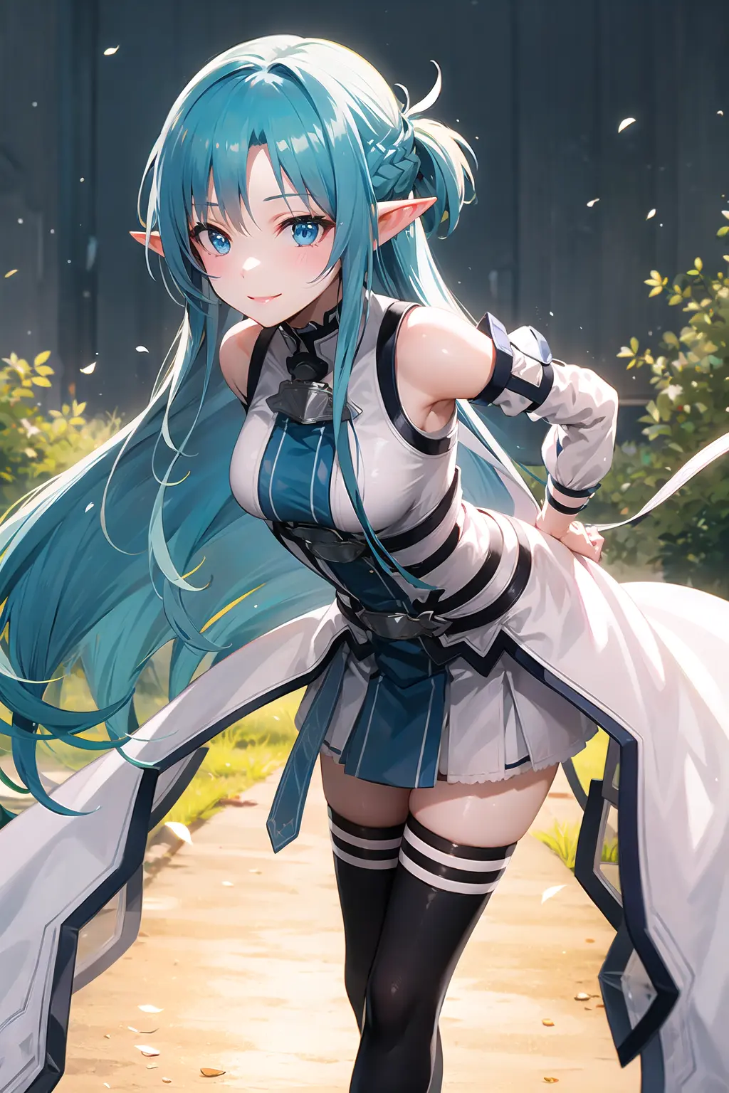 original outfit, 1girl, solo, long hair, thighhighs, blue thighhighs, smile, zettai ryouiki, arms behind back, looking at viewer, leaning forward, detached sleeves, skirt, 