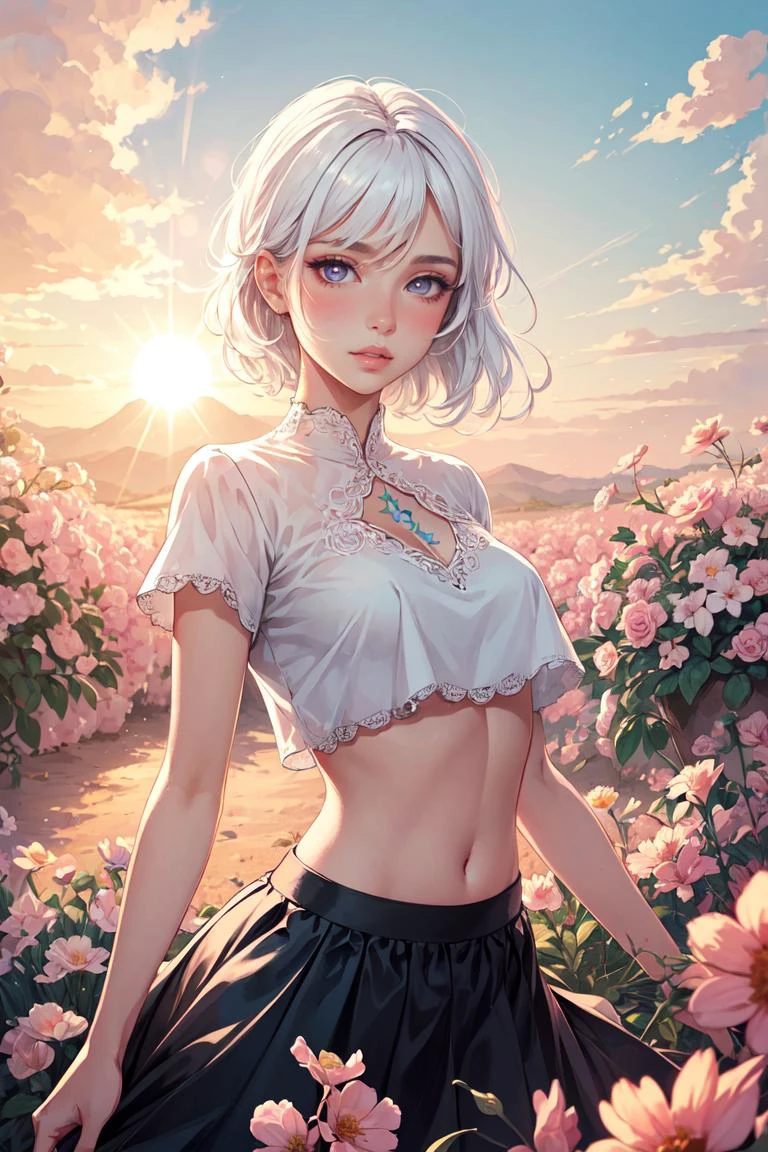 Cowboy Shot,beautiful and detailed illustration,pop art,masterpiece, best quality, ultra-detailed,soft lighting,1girl, white hair, glossy eyes, crop top, skirt, parted lips, blush,  flowers, sun, sunlight,