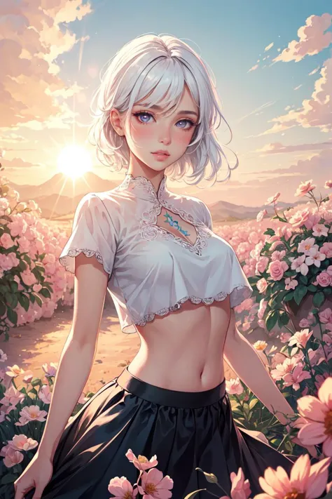 Cowboy Shot,beautiful and detailed illustration,pop art,masterpiece, best quality, ultra-detailed,soft lighting,<lyco:GoodHands-beta2:1>, <lora:add_detail:0.3> , 1girl, white hair, glossy eyes, crop top, skirt, parted lips, blush,  flowers, sun, sunlight,