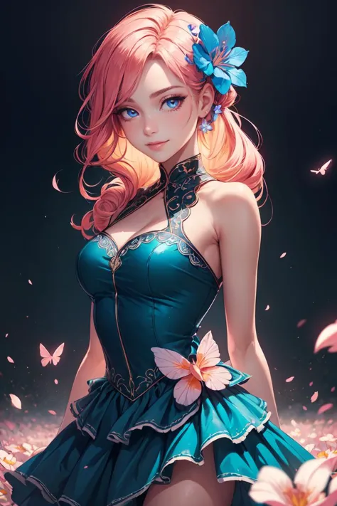 Cowboy Shot,beautiful and detailed illustration,pop art,masterpiece, best quality, ultra-detailed,soft lighting,1girl, mlpfluttershy, slight smile, looking at viewer, arms behind back, hair flower, dress, glossy eyes,cinematic shot,vibrant colors,gorgeous colors,dynamic action pose,smagnificent panorama view,