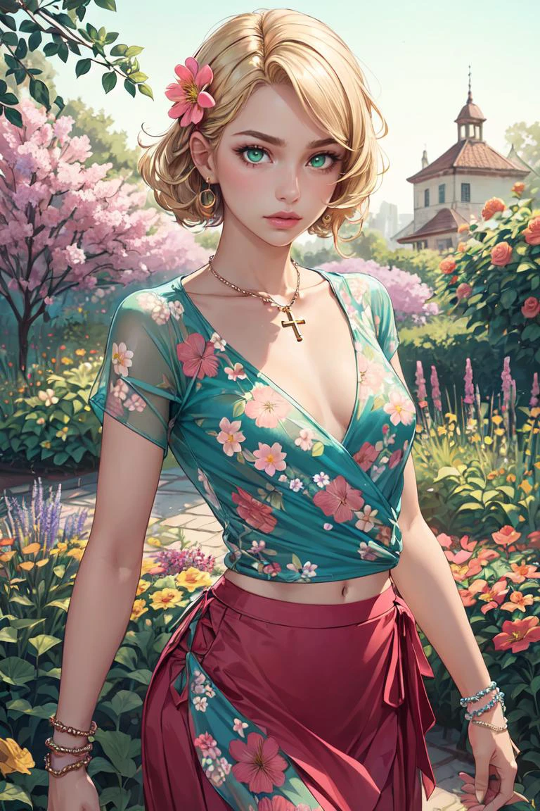 Cowboy Shot,beautiful and detailed illustration,pop art,masterpiece, best quality, ultra-detailed,soft lighting,(1girl), (blonde hair, green eyes, flat_chest),, dynamic pose, dynamic angle, lipstick, slim, slim body, medium breasts, (Floral_wrap_top:1.5),(Midi_skirt:1.4),(Beaded_bracelets:1.3),(Garden_party_background:1.5), detailed background, realistic, solo, hair ornament, rolling_eyes, cross-eyed,stylish pose