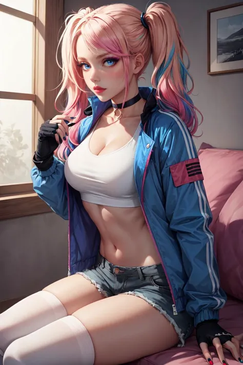 Cowboy Shot,beautiful and detailed illustration,pop art,masterpiece,best quality,ultra-detailed,soft lighting,1girl,solo,twintails,shorts,jacket,blonde hair,multicolored hair,gloves,makeup,breasts,fingerless gloves,navel,blue eyes,midriff,lipstick,pink hair,sneakers,shoes,knee pads,short shorts,cleavage,gradient hair,colored skin,over-kneehighs,pale skin,choker,medium breasts,open jacket,thighhighs,nail polish,white skin,red nails,asymmetrical legwear,crop top,from side,upper body,reclining,indoors,