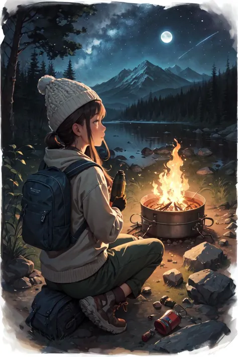 watercolor illustration,masterpiece,best quality,detailed background,ultra-detailed,illustration,1girl,solo,outdoors,camping,night,mountains,nature,stars,moon,bonfire,tent,twin ponytails,green eyes,cheerful,happy,backpack,sleeping bag,camping stove,water bottle,mountain boots,gloves,sweater,hat,flashlight,forest,rocks,river,wood,smoke,shadows,contrast,clear sky,constellations,Milky Way,peaceful,serene,quiet,tranquil,remote,secluded,adventurous,exploration,escape,independence,survival,resourcefulness,challenge,perseverance,stamina,endurance,observation,intuition,adaptability,creativity,imagination,artistry,inspiration,beauty,awe,wonder,gratitude,appreciation,relaxation,enjoyment,rejuvenation,mindfulness,awareness,connection,harmony,balance,texture,detail,realism,depth,perspective,composition,color,light,shadow,reflection,refraction,tone,contrast,foreground,middle ground,background,naturalistic,figurative,representational,impressionistic,expressionistic,abstract,innovative,experimental,unique,