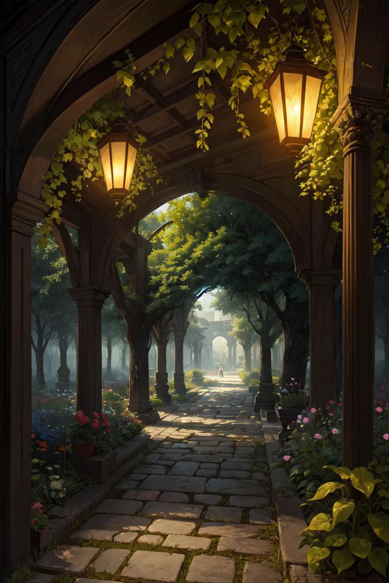 (masterpiece, best quality, highly detailed, intricate),a walkway in a garden with lots of green plants and trees on either side of it and a lantern hanging from the ceiling,Florence Engelbach,tone mapping,a flemish Baroque,german romanticism,cinematic composition,beautiful lighting,