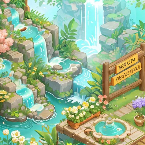 ((masterpiece, best quality,)),no humans, flower, water, scenery, plant, waterfall, sign, grass  