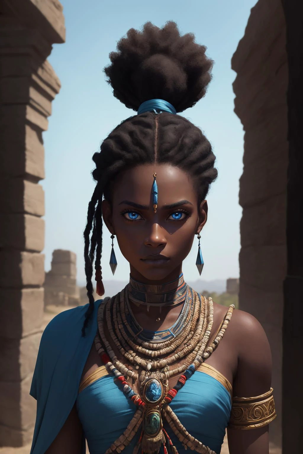 (high quality, best quality, highres, sharp focus, masterpiece, well-formed, refined:1.25), (ancient america, afro american, dark_skin:1.2), (1girl, woman, bored face:1), (shaman, wearing shaman costume:1), (blue_eyes:1), (light_blue_hair, long_hair, high_ponytail:1), (buff body:1), (city:1),