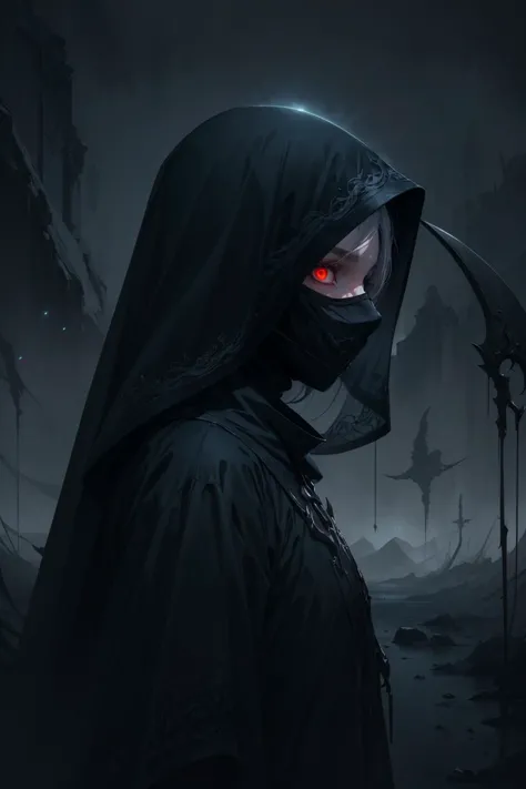 a man in a hoodedie with red eyes stands in the dark