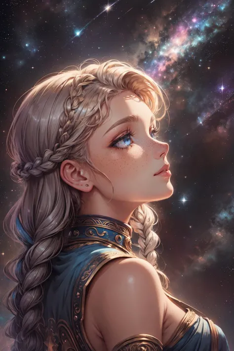 a woman with long hair and braids looking up at the stars