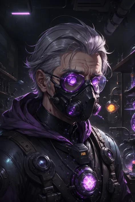 a man in a gas mask and purple glasses stands in a room