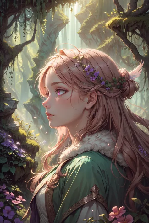 a girl with long hair and a flower crown in a forest