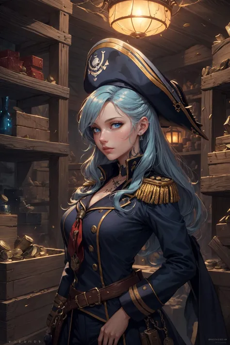 a woman in a pirate hat and blue hair standing in a room