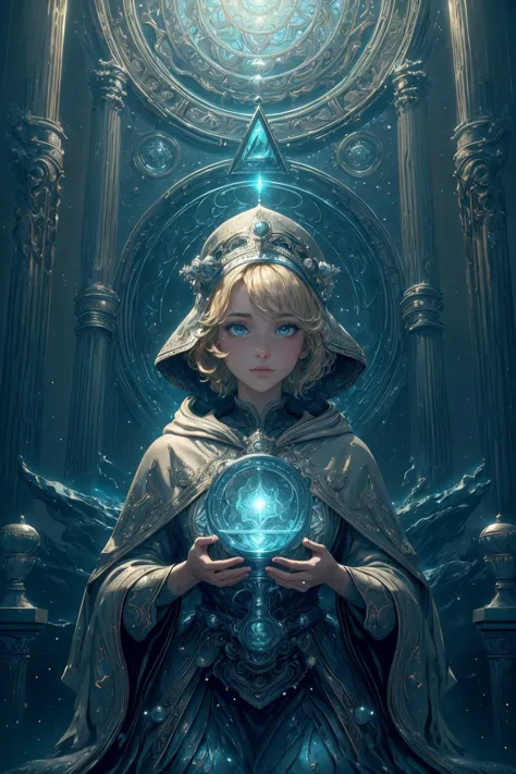 a woman in a cloak holding a crystal ball in her hands