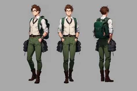 Multi-view,front view,side view,rear view,reference table,game character design,1boy,shirt,wristwatch,pants,watch,brown hair,mal...