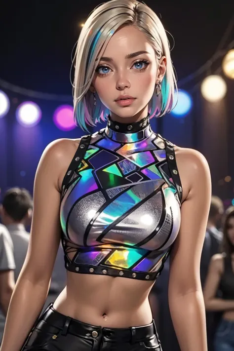 masterpiece, best quality, <lora:age_slider_v20:1.5>  <lora:detail_slider_v4:2> 1girl, sl33v3l3ss, bare shoulders, upper body, midriff, cross-laced clothes, crop top, shiny, sleeveless, multicolour top,<lora:sl33v3l3ss:0.6>