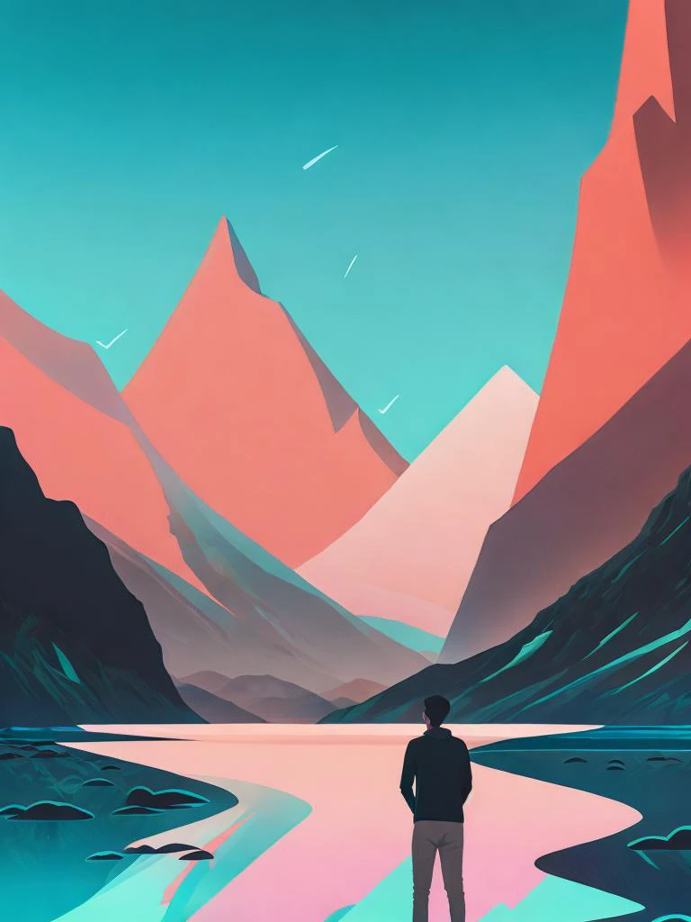 una pintura de una persona parada en medio de un lago con montañas en el fondo por Christopher Balaskas