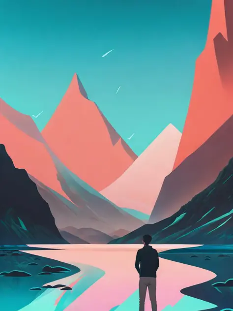 <lora:ChristopherBalaskas:1>a painting of a person standing in the middle of a lake with mountains in the background by Christop...