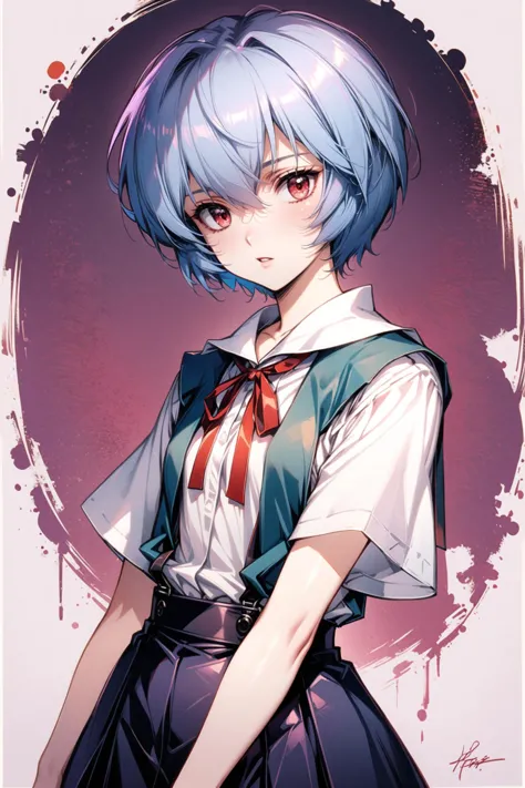 a woman with blue hair and a white shirt and a red tie