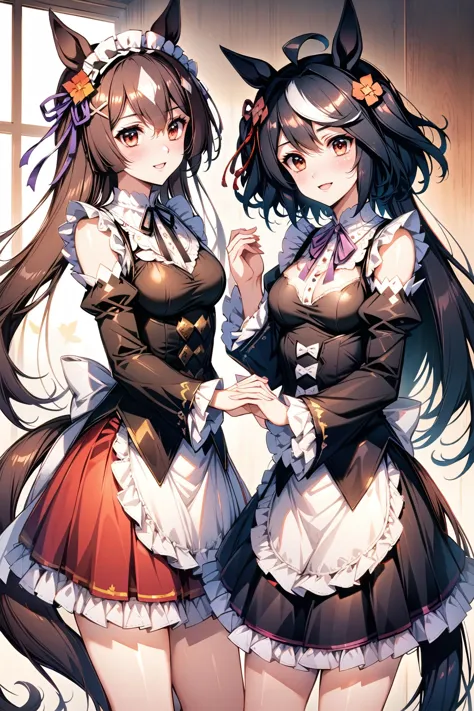 two anime girls in maid outfits standing next to each other