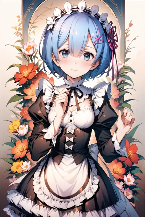 1girl,solo,rem (re:zero),blue hair,x hair ornament,short hair,hair ornament,blue eyes,maid,looking at viewer,ribbon,maid headdress,long sleeves,dress,roswaal mansion maid uniform,smile,hair ribbon,breasts,puffy sleeves,frills,apron,bangs,closed mouth,black ribbon,pink ribbon,blush,medium breasts,black dress,juliet sleeves,cowboy shot,flower,hair between eyes,red ribbon,waist apron,<lora:flyx3_XL:1>,