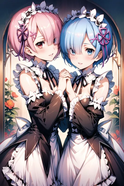 two anime girls in maid dresses standing next to each other