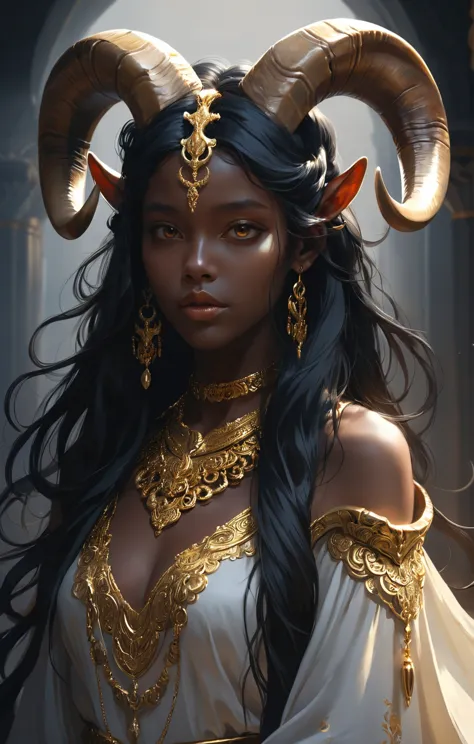 (Dark Girl aesthetics:1.4), a beautiful woman with long black hair, big natural ram horns on her head, flowing dress, gold jewel...