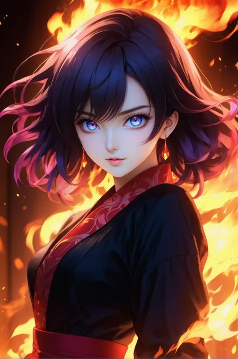 fire aura, 1girl, colorful, perfect eyes, source_anime, Illustration, official artwork, anime style, wallpaper, official art, magician 