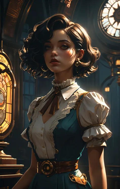 (Estética Boujee:1.4), uma linda mulher estilo BioShock altamente detalhada, pintura digital, estação de arte, arte conceitual, suave, foco nitído, ilustração. sombrio e temperamental, uma mistura hipnotizante de luz e sombra. obra de arte, absurdos, detalhes intrincados 