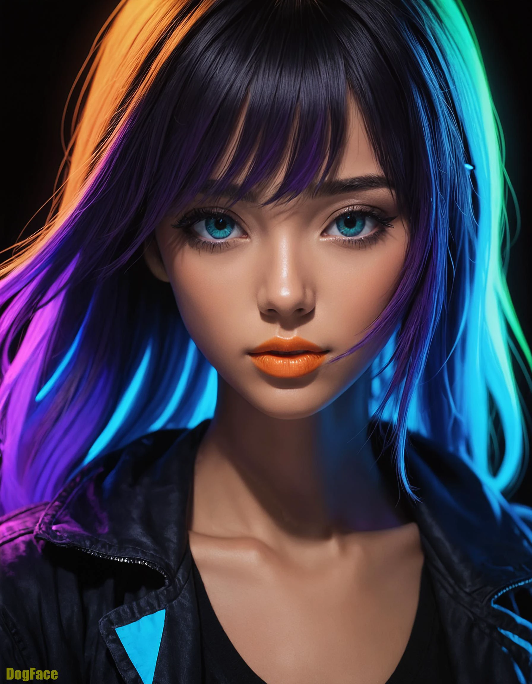 (fond-noir-simple:1.5), 1fille, cheveux multicolores, frange à visage long, (teint foncé:1.5), (effet photo négatif:2.5), (Scène sombre et faible luminosité:1.4), (Glowing Radiating Ombre néon-vert néon-orange néon-violet néon-bleu Palette de couleurs:1.7), (UV/Effets du rayonnement de la lumière noire:1.6), (Éclairage néon bleu et violet saturé, ambiant et en cascade:1.7), (Rouge à lèvres et eye-liner lumineux réactifs aux UV et au néon:1.5), tracé laser, UHD, (ombres profondes:1.4), (très détaillé:1.3), Magnifique, beauté inégalée, (Épique 2.Rendu de style Anime 5D:1.7),