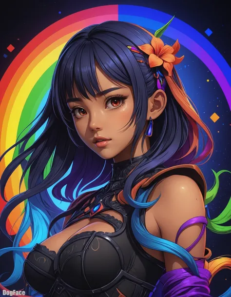 (2.5D Anime style Render:1.3), asymmetrical and off-center. Intricate colorful neon rainbow neon fluorescent colors and vanta black. Orange, yellow, green, pink, red, blue, purple. (Black light poster:1.3). masterpiece, centered, a dark tan Filipina girl, featured on pixiv, gothic art, neon (blacklight color scheme:1.3), multicolored art, shiny colors, beautiful female, blue image, antialiased, colorful! character designEngine, Trending on ArtStation, HDR, (Perfect Composition Epic cinematic brilliant stunning intricate meticulously detailed dramatic atmospheric darkness:1.3), intricately stylized vector design, line work, flourishes, patterns, (depth:1.3), (defined layers:1.3), (matte-finish:1.5), (felt-texture:1.5),