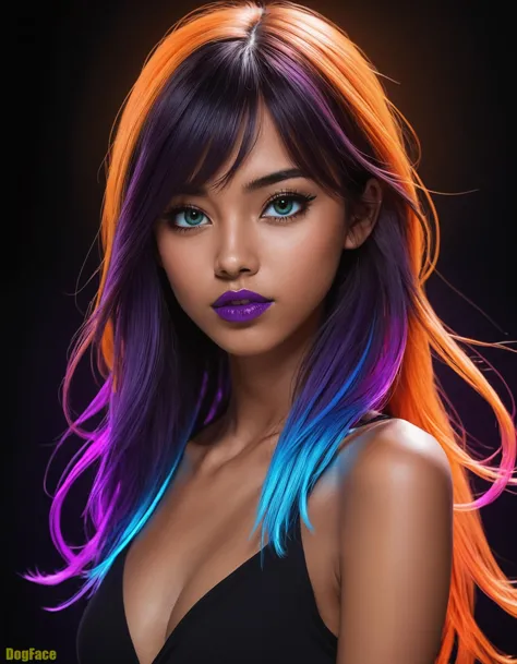 (simple-black-background:1.5), 1girl, Filipina, multi-colored-hair, Highly-detailed-eyes, long-face-framing-bangs, (dark-tan-ski...