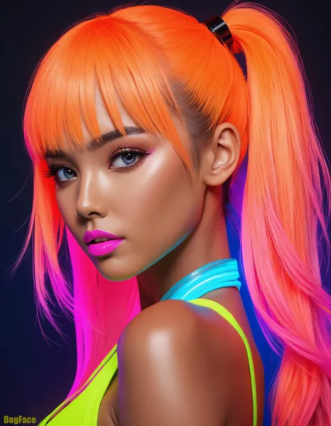 a close up of a woman with bright orange hair and neon makeup