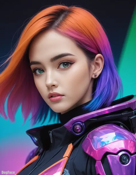 a woman with colorful hair and a futuristic suit posing for a picture