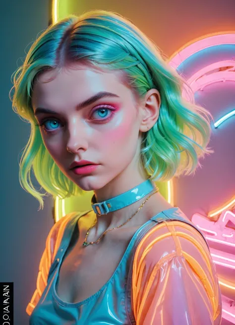 a woman with green hair and neon makeup posing in front of neon heart